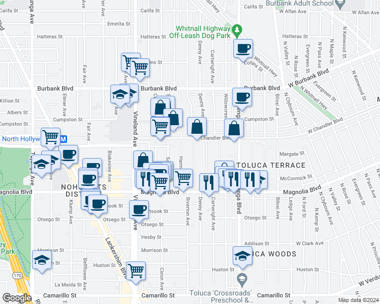 map of restaurants, bars, coffee shops, grocery stores, and more near 5314 Riverton Avenue in Los Angeles