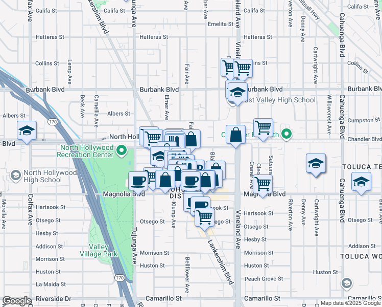 map of restaurants, bars, coffee shops, grocery stores, and more near 11133 Weddington Street in Los Angeles
