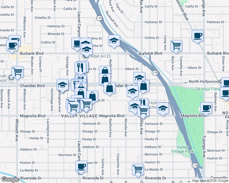 map of restaurants, bars, coffee shops, grocery stores, and more near in Los Angeles