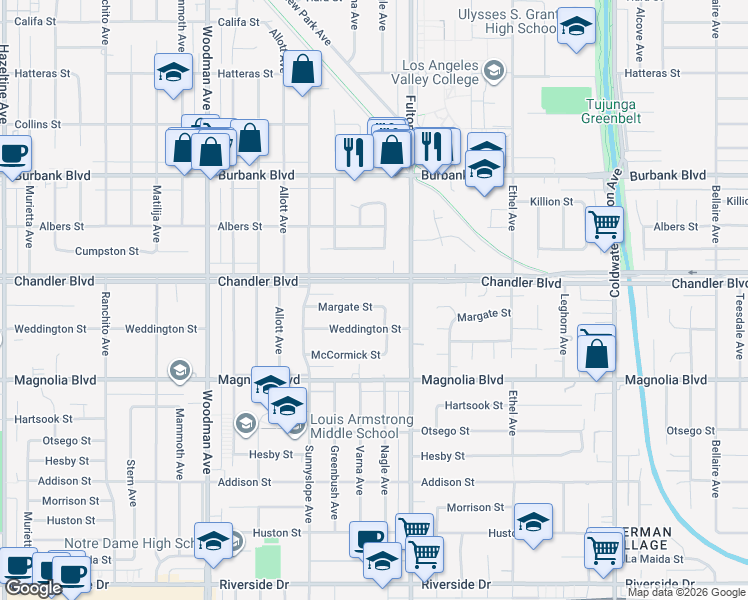 map of restaurants, bars, coffee shops, grocery stores, and more near 5312 Nagle Avenue in Los Angeles