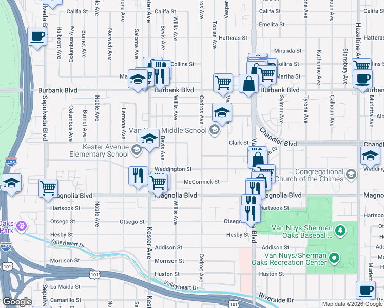 map of restaurants, bars, coffee shops, grocery stores, and more near 5305 Cedros Avenue in Los Angeles