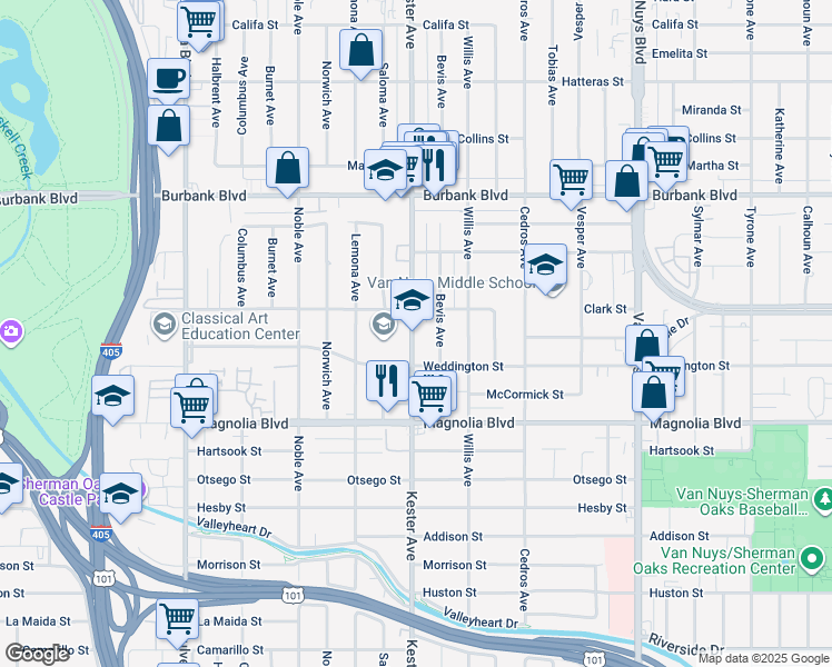 map of restaurants, bars, coffee shops, grocery stores, and more near 5347 Kester Avenue in Los Angeles
