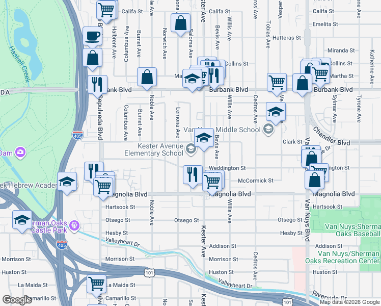 map of restaurants, bars, coffee shops, grocery stores, and more near 5347 Kester Avenue in Los Angeles