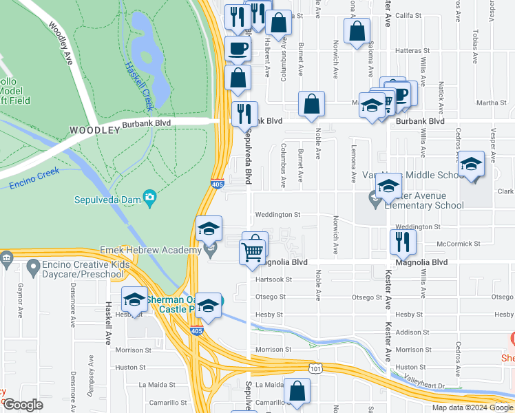 map of restaurants, bars, coffee shops, grocery stores, and more near 5308 Sepulveda Boulevard in Los Angeles