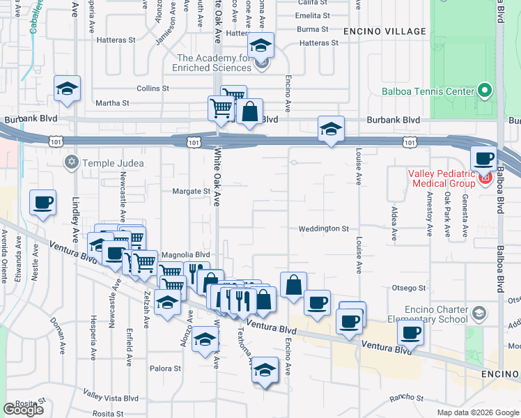 map of restaurants, bars, coffee shops, grocery stores, and more near 17601 Weddington Street in Los Angeles