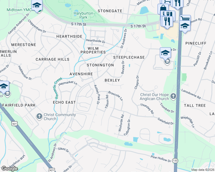 map of restaurants, bars, coffee shops, grocery stores, and more near 108-110 Brascote Lane in Wilmington
