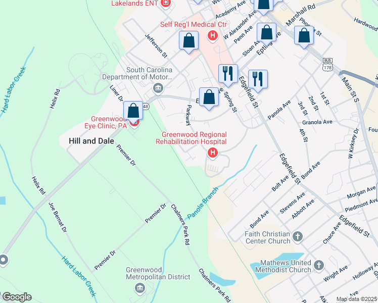map of restaurants, bars, coffee shops, grocery stores, and more near 7 Parkway Court in Greenwood