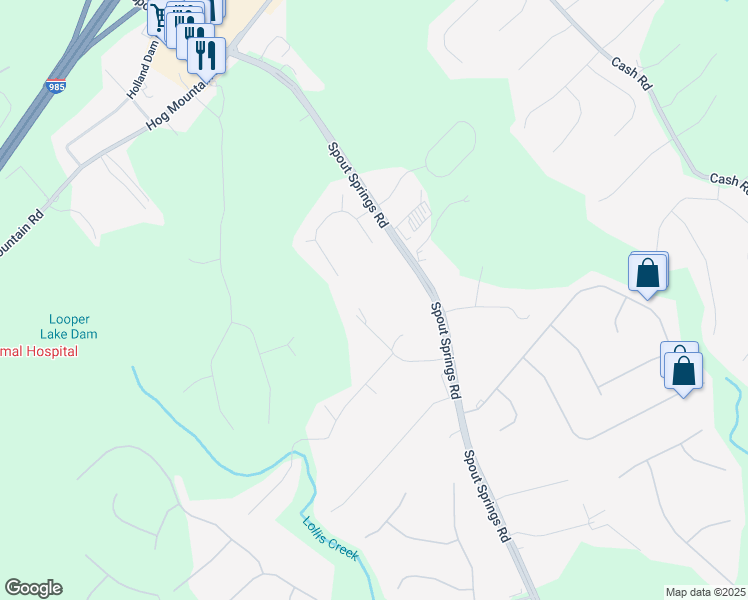map of restaurants, bars, coffee shops, grocery stores, and more near 6246 Caprice Drive in Flowery Branch