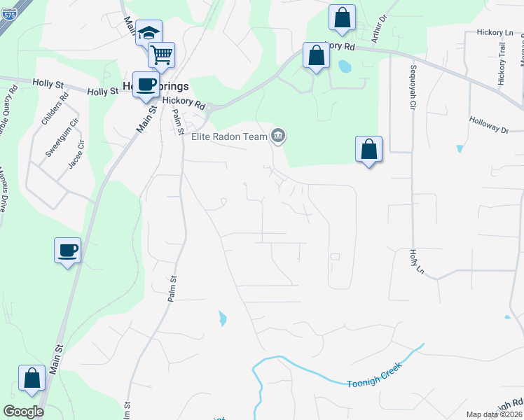 map of restaurants, bars, coffee shops, grocery stores, and more near 105 McWhirter Drive in Holly Springs