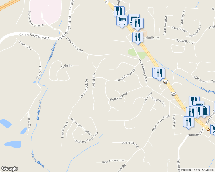 map of restaurants, bars, coffee shops, grocery stores, and more near 1750 Redbud Way in Cumming