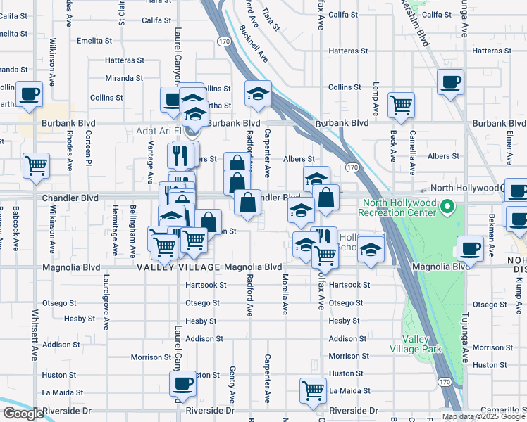 map of restaurants, bars, coffee shops, grocery stores, and more near 5330 Radford Avenue in Los Angeles