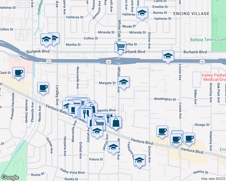 map of restaurants, bars, coffee shops, grocery stores, and more near 5325 White Oak Avenue in Los Angeles