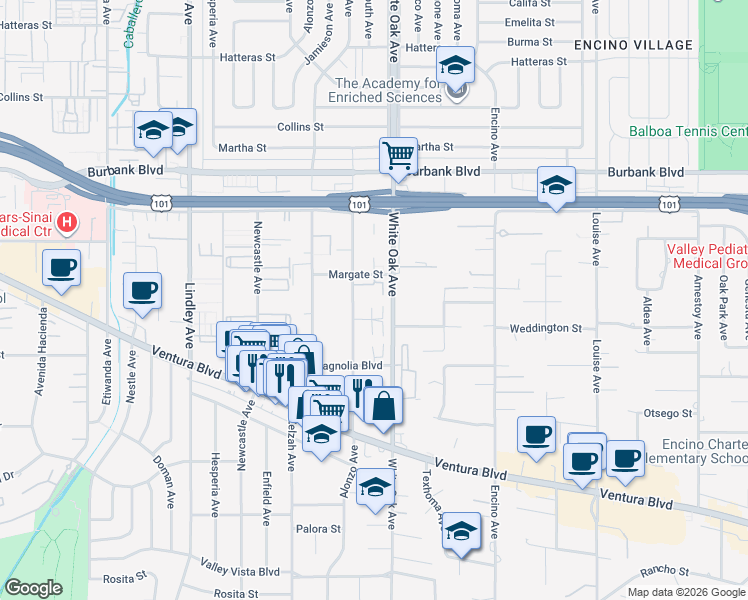 map of restaurants, bars, coffee shops, grocery stores, and more near 5340 Yarmouth Avenue in Los Angeles