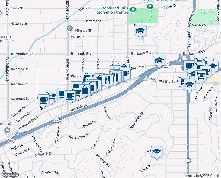 map of restaurants, bars, coffee shops, grocery stores, and more near 22515 Del Valle Street in Los Angeles