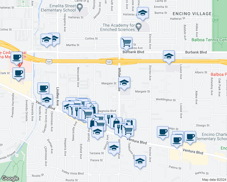 map of restaurants, bars, coffee shops, grocery stores, and more near 5335 White Oak Avenue in Los Angeles