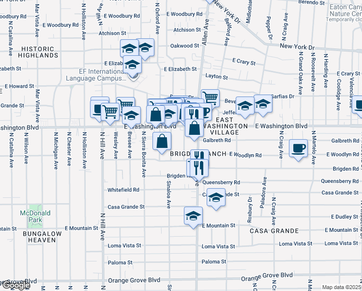 map of restaurants, bars, coffee shops, grocery stores, and more near 1255 North Dominion Avenue in Pasadena