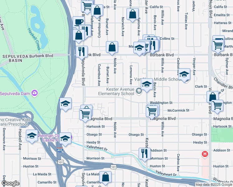 map of restaurants, bars, coffee shops, grocery stores, and more near 5311 Norwich Avenue in Los Angeles
