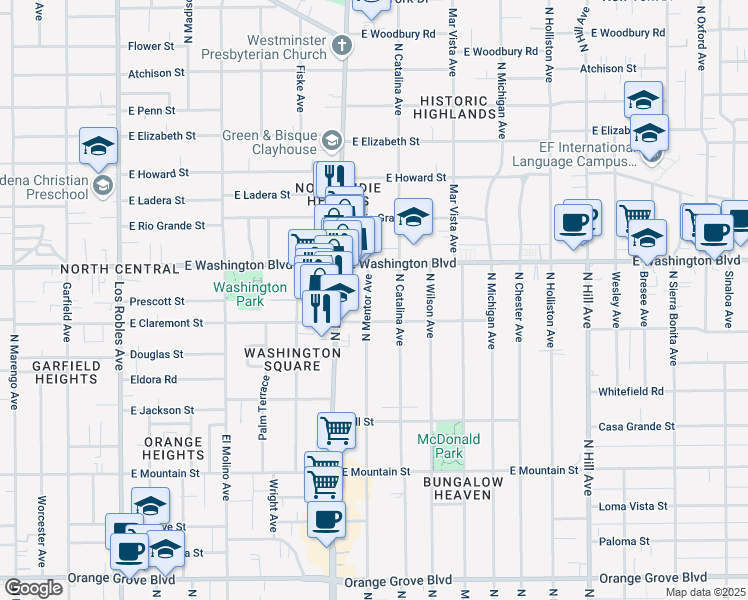 map of restaurants, bars, coffee shops, grocery stores, and more near 1266 North Mentor Avenue in Pasadena