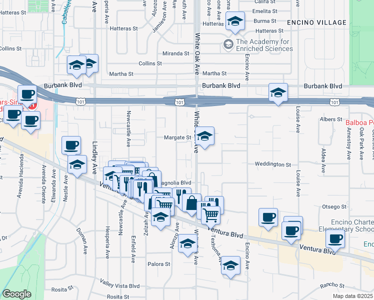 map of restaurants, bars, coffee shops, grocery stores, and more near 5325 White Oak Avenue in Los Angeles