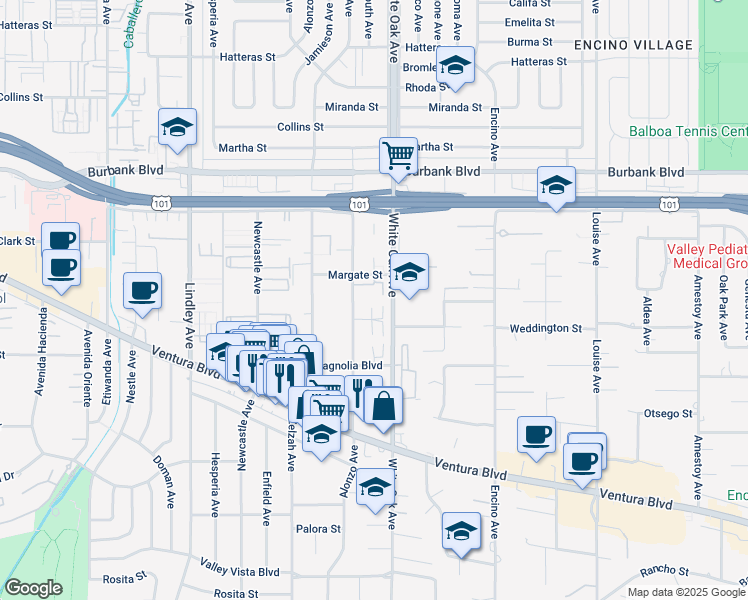 map of restaurants, bars, coffee shops, grocery stores, and more near 5305 White Oak Avenue in Los Angeles