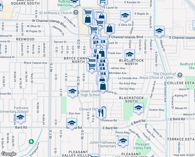 map of restaurants, bars, coffee shops, grocery stores, and more near 3601 Saviers Road in Oxnard