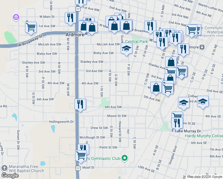 map of restaurants, bars, coffee shops, grocery stores, and more near 708 5th Avenue Southwest in Ardmore