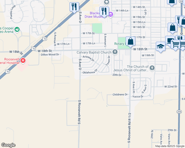 map of restaurants, bars, coffee shops, grocery stores, and more near 241 Oklahoma Drive in Portales