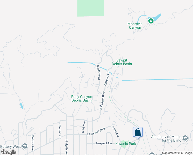 map of restaurants, bars, coffee shops, grocery stores, and more near 775 Ridgeside Drive in Monrovia