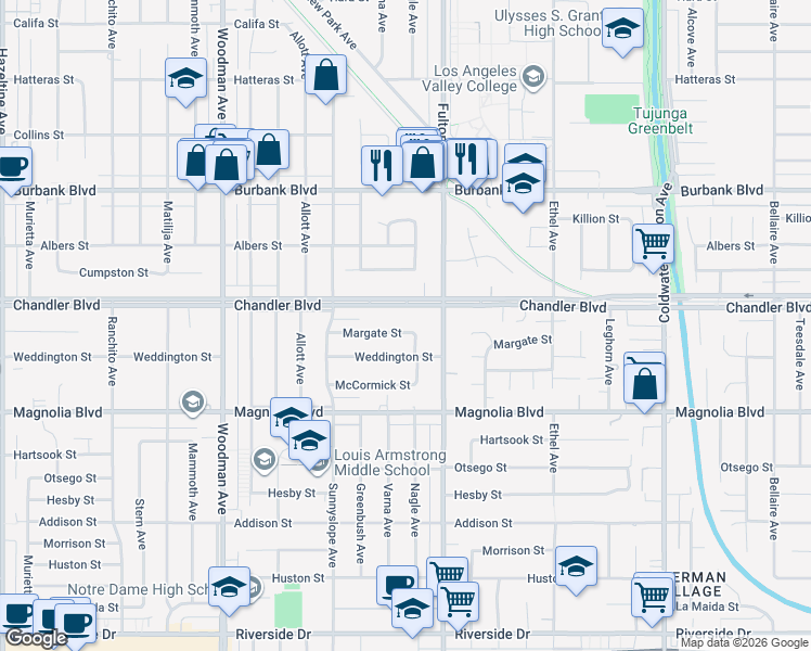 map of restaurants, bars, coffee shops, grocery stores, and more near 5312 Nagle Avenue in Los Angeles