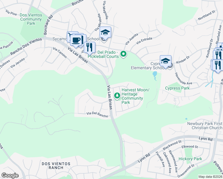 map of restaurants, bars, coffee shops, grocery stores, and more near 577 Camino Del Sol in Thousand Oaks