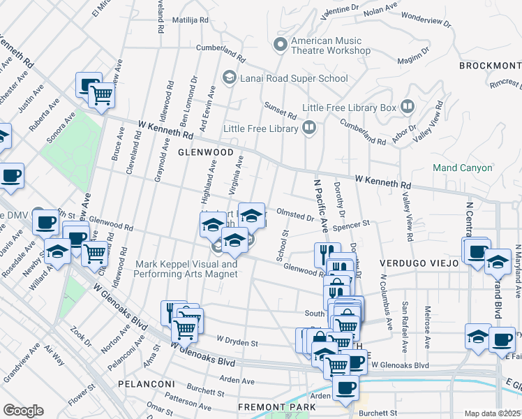 map of restaurants, bars, coffee shops, grocery stores, and more near 541 Olmsted Drive in Glendale