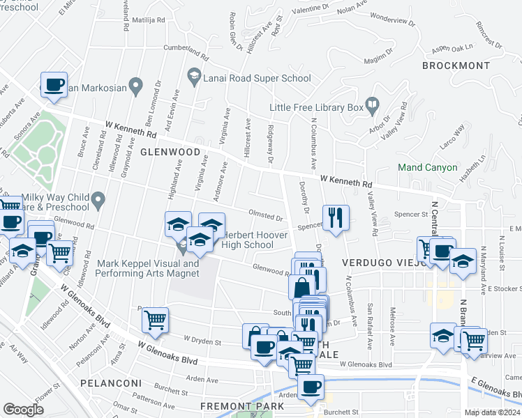 map of restaurants, bars, coffee shops, grocery stores, and more near 541 Olmsted Drive in Glendale