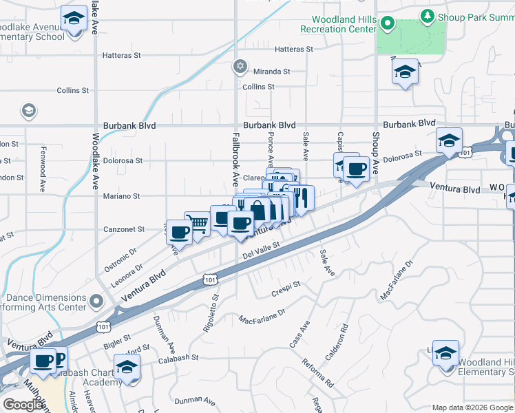 map of restaurants, bars, coffee shops, grocery stores, and more near 22723 Leonora Drive in Los Angeles