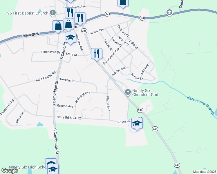 map of restaurants, bars, coffee shops, grocery stores, and more near 405 Rutledge Avenue in Ninety Six