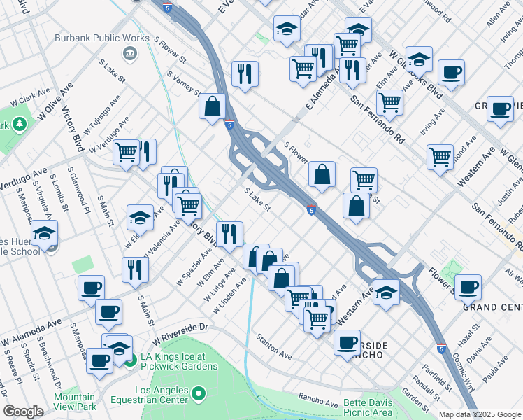 map of restaurants, bars, coffee shops, grocery stores, and more near 1117 South Lake Street in Burbank