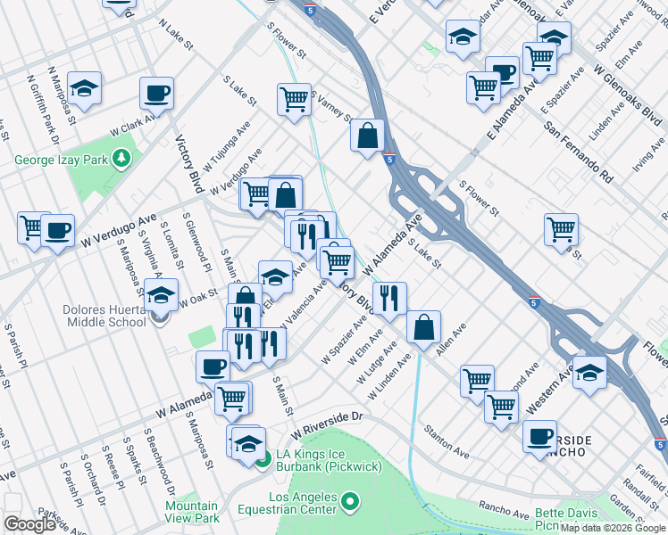 map of restaurants, bars, coffee shops, grocery stores, and more near 316 West Valencia Avenue in Burbank