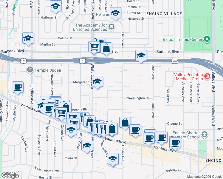 map of restaurants, bars, coffee shops, grocery stores, and more near 5342 Shoshone Avenue in Los Angeles