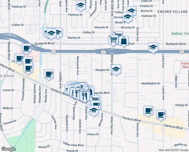 map of restaurants, bars, coffee shops, grocery stores, and more near 5330 Zelzah Avenue in Los Angeles