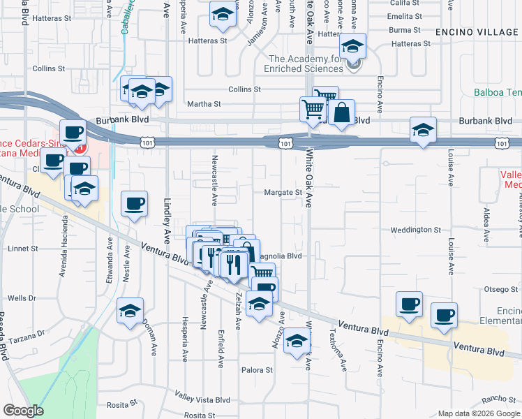 map of restaurants, bars, coffee shops, grocery stores, and more near 5330 Zelzah Avenue in Los Angeles