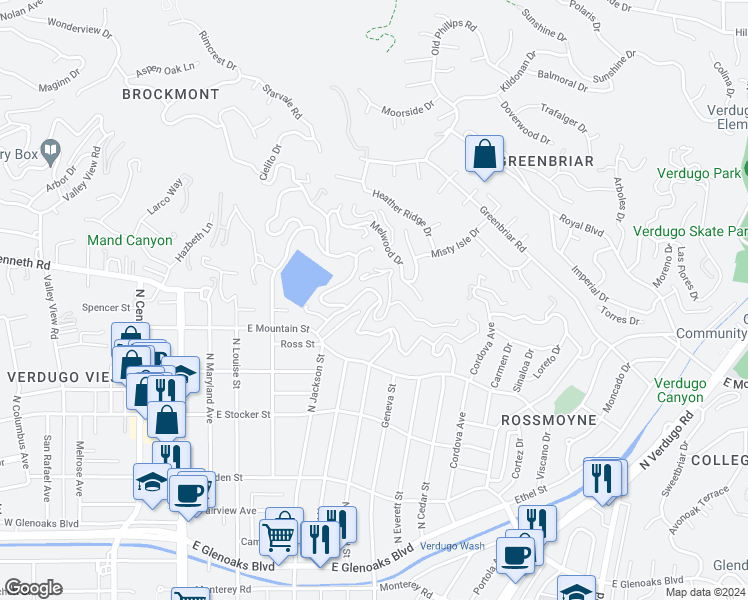 map of restaurants, bars, coffee shops, grocery stores, and more near 640 Cavanagh Road in Glendale
