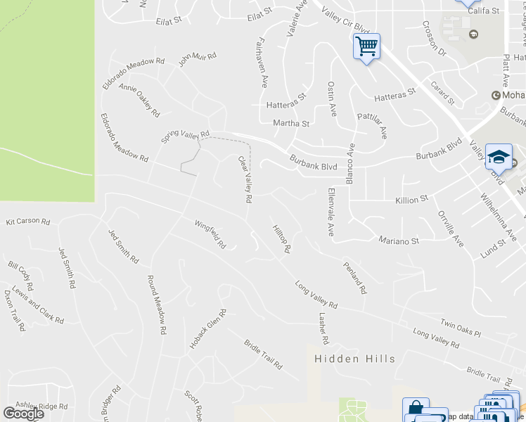 map of restaurants, bars, coffee shops, grocery stores, and more near 5845 Hilltop Road in Hidden Hills