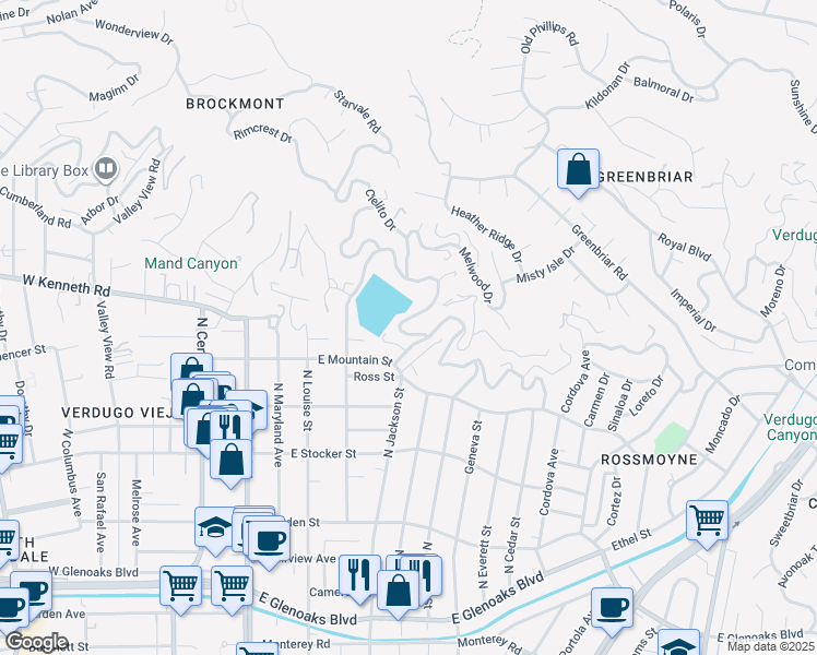 map of restaurants, bars, coffee shops, grocery stores, and more near 1460 Melwood Drive in Glendale