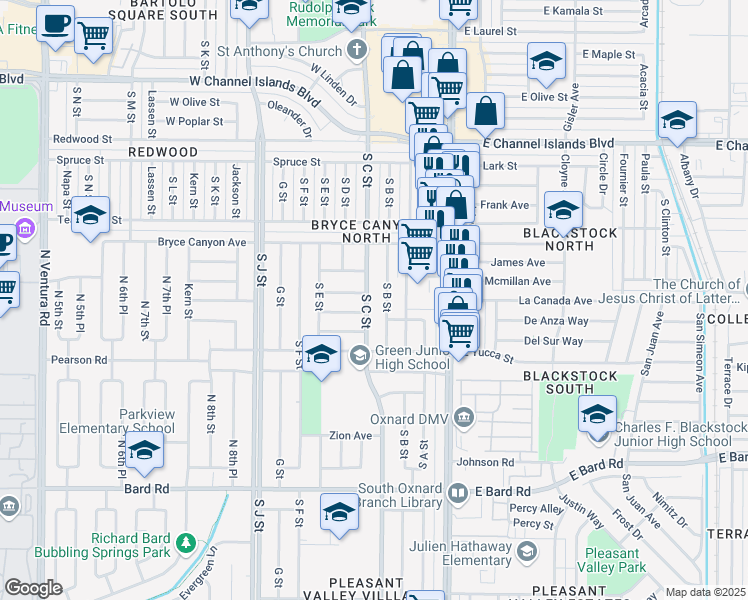 map of restaurants, bars, coffee shops, grocery stores, and more near 3548 South C Street in Oxnard