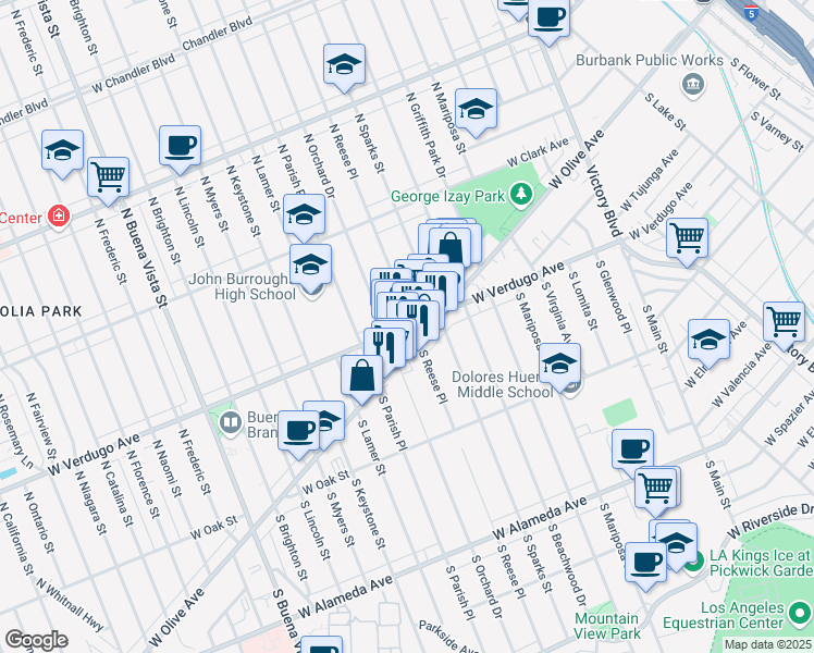 map of restaurants, bars, coffee shops, grocery stores, and more near 201 North Reese Place in Burbank