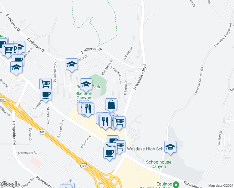 map of restaurants, bars, coffee shops, grocery stores, and more near 2933 Great Smokey Court in Westlake Village