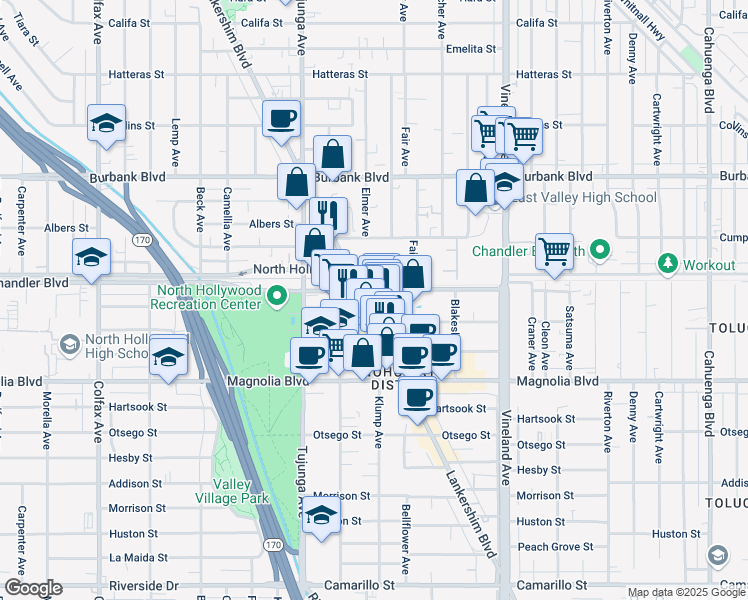map of restaurants, bars, coffee shops, grocery stores, and more near 11223 Chandler Boulevard in Los Angeles