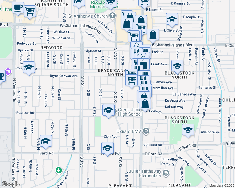 map of restaurants, bars, coffee shops, grocery stores, and more near 3548 South C Street in Oxnard