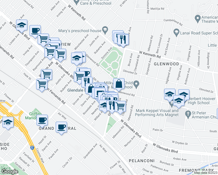 map of restaurants, bars, coffee shops, grocery stores, and more near 1144 Rosedale Avenue in Glendale