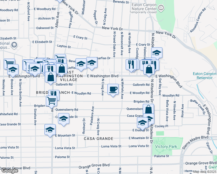 map of restaurants, bars, coffee shops, grocery stores, and more near 1282 North Craig Avenue in Pasadena
