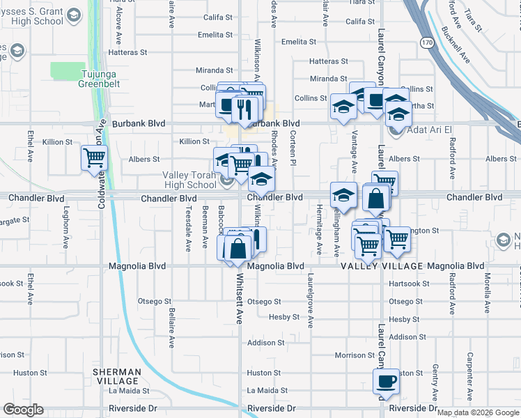 map of restaurants, bars, coffee shops, grocery stores, and more near 5340 Wilkinson Avenue in Los Angeles